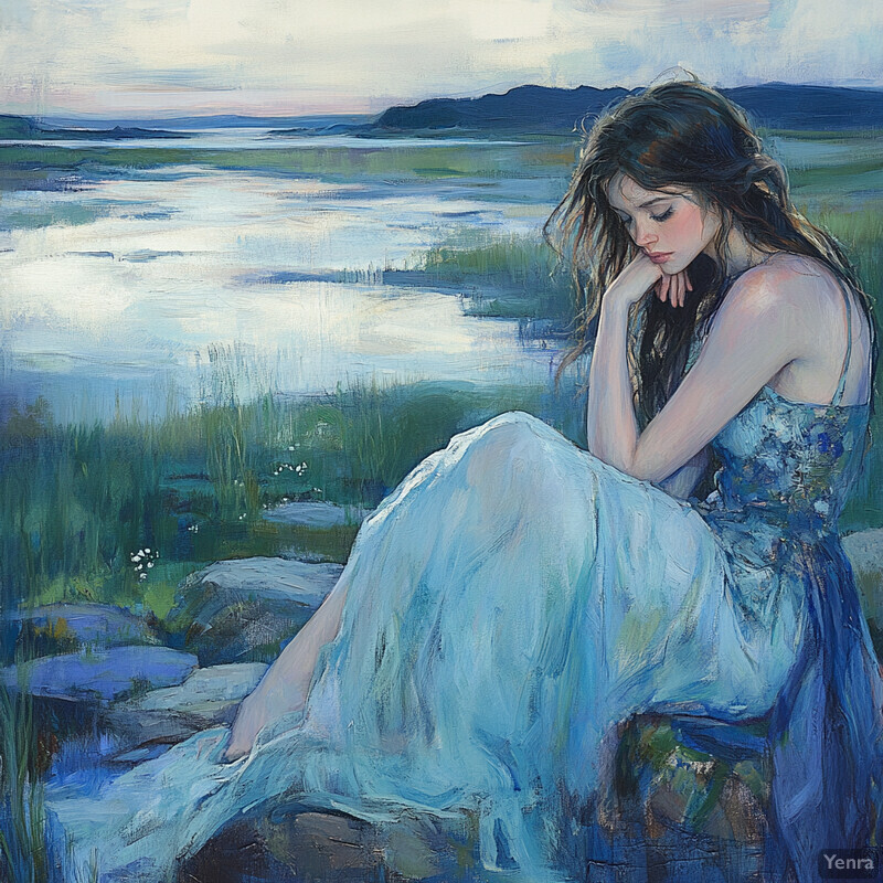 A serene and contemplative scene of a woman sitting by a lake, lost in thought.