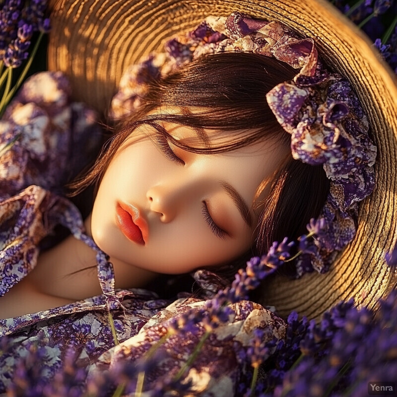 A woman reclines in a field of lavender, surrounded by its vibrant purple blooms.