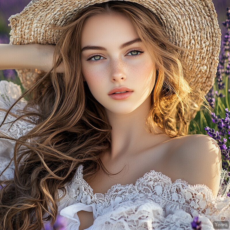 A young woman with long brown hair and fair skin poses in front of a field of lavender flowers, wearing a straw hat and white lace top.