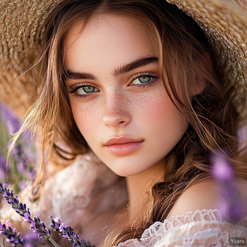 A young girl surrounded by lavender flowers, exuding peace and tranquility.