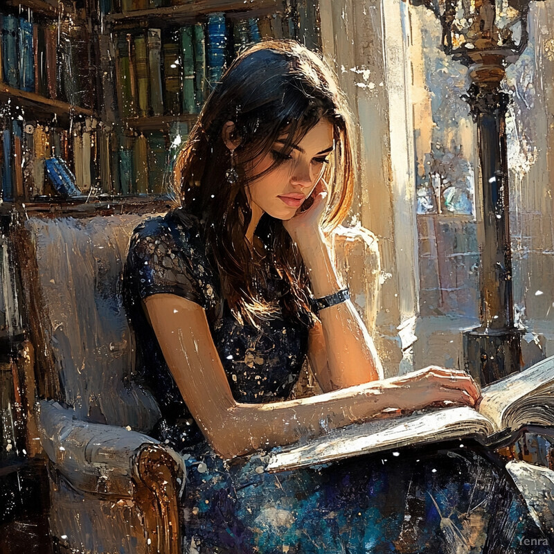 A young woman reads in a cozy library setting