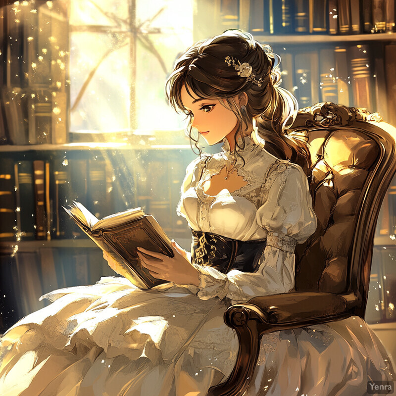 A woman reads a book in a chair, surrounded by bookshelves and soft sunlight.