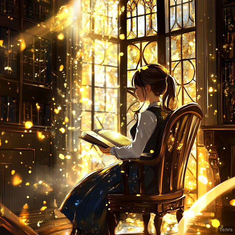 A young woman sits in a chair, surrounded by books and a warm glow from the window, exuding a peaceful and studious atmosphere.