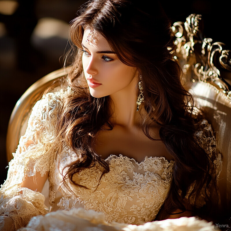 A woman in a wedding dress sits on a chair in a dimly lit room, surrounded by elegance and romance.