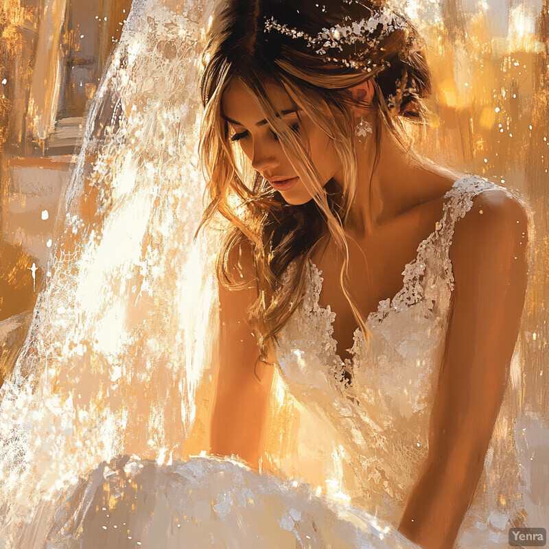 A woman in a white wedding dress stands in front of an open door, exuding serenity and intimacy.