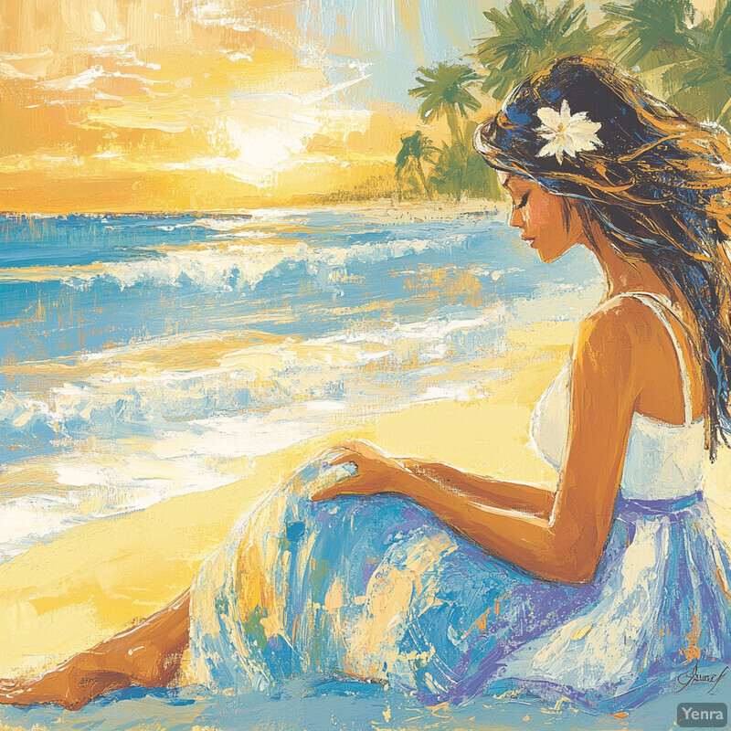 A woman sits on the beach at sunset, surrounded by palm trees and a vibrant sky.