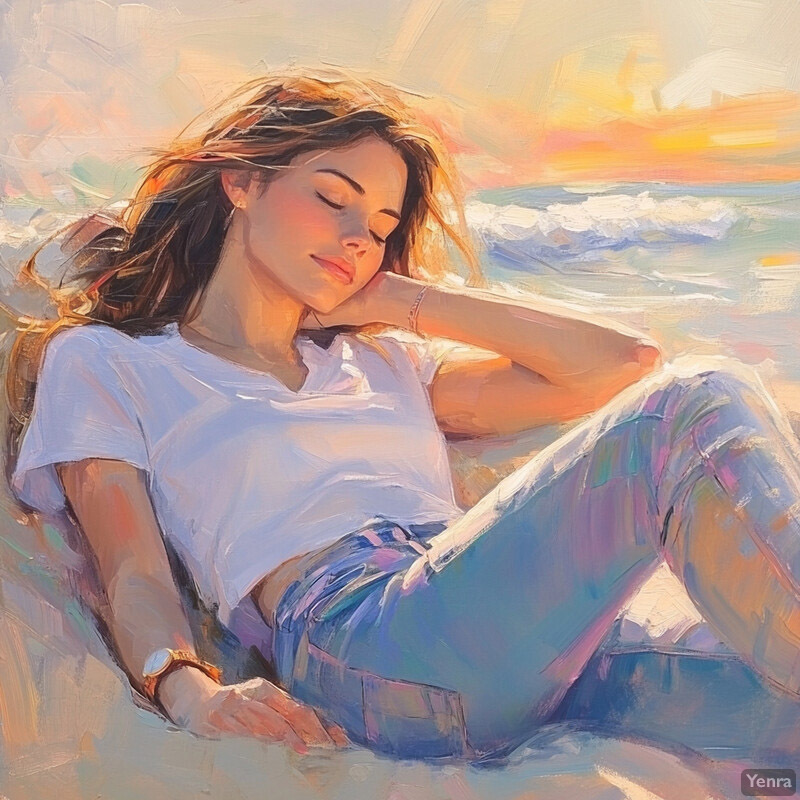 A serene beach scene featuring a woman reclining on the sand, exuding tranquility and relaxation.