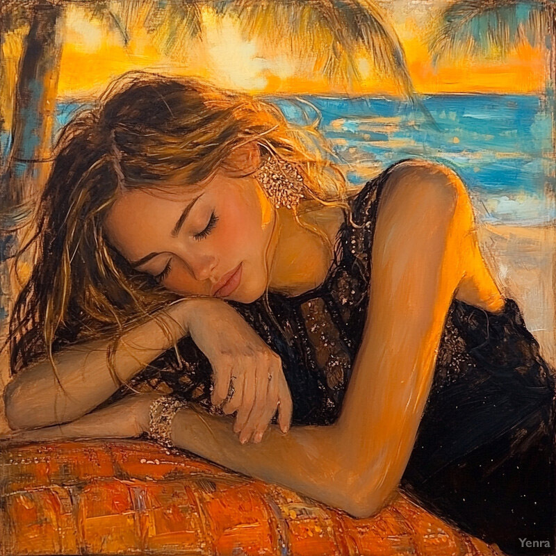 A serene beach scene at sunset with a woman sleeping peacefully.