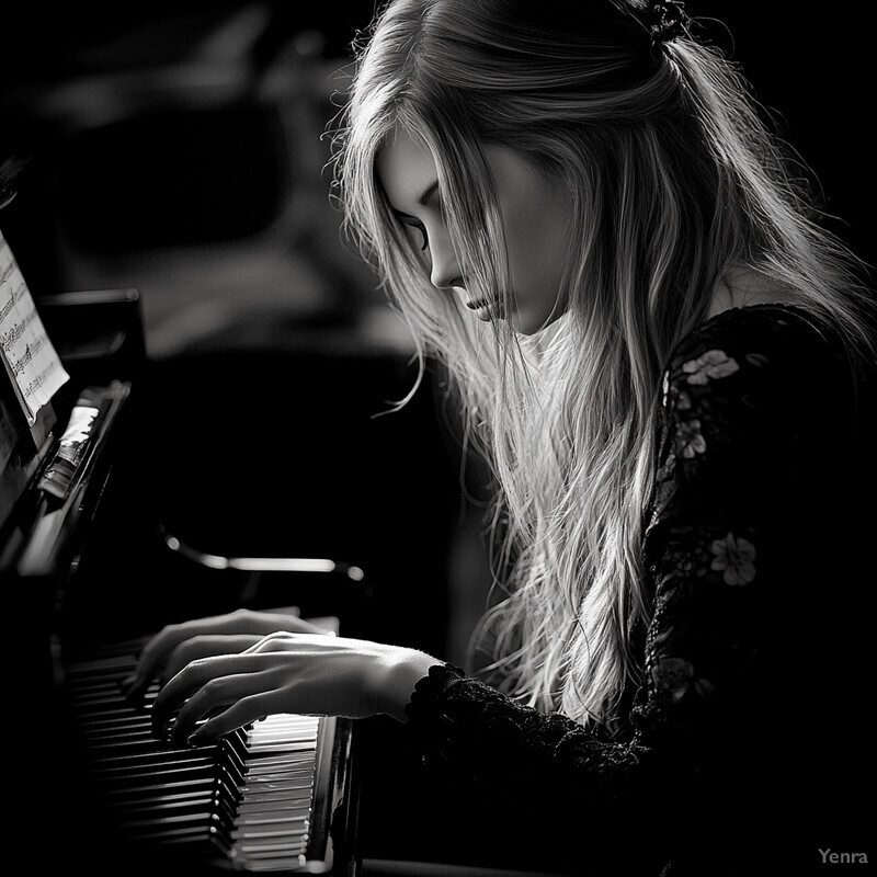 A woman plays the piano in a dimly lit room, surrounded by shadows and the soft glow of candles.