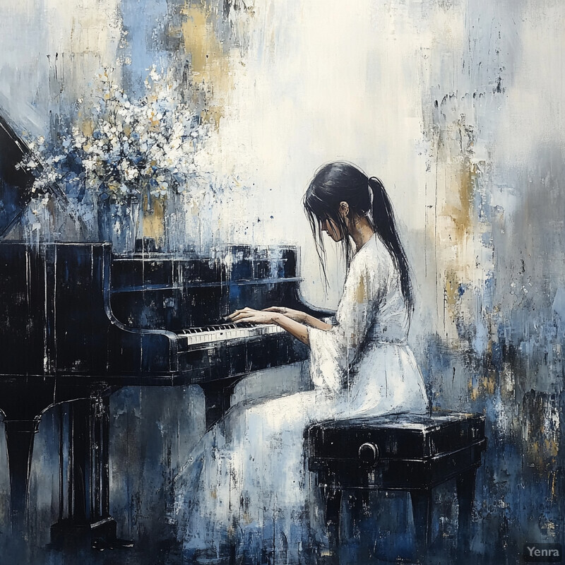 A woman playing piano in an elegant setting