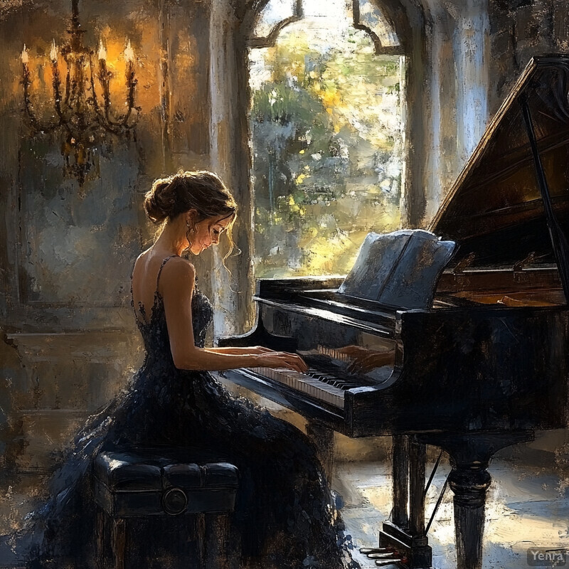 A woman in a black dress plays a grand piano in front of a large window