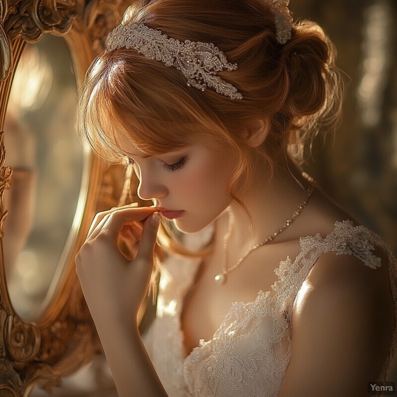 A woman in a white wedding dress stands in front of an ornate mirror, exuding serenity and contemplation.