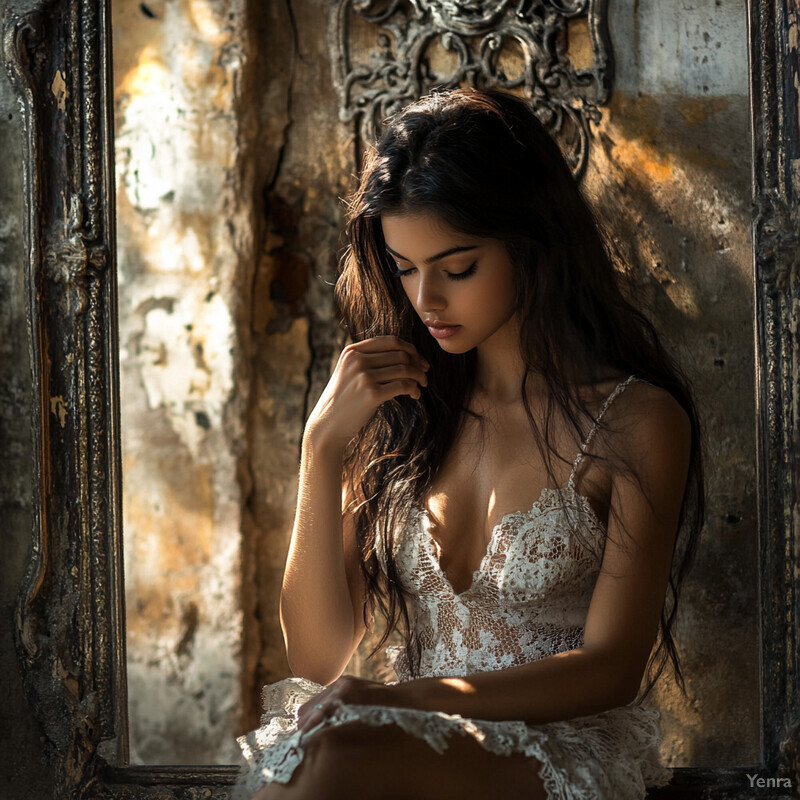 A woman sits in front of an ornate mirror, surrounded by intricate carvings, lost in thought as she gazes at her reflection.