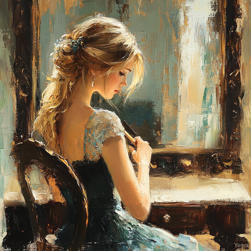 A serene and intimate scene of a woman sitting in front of a mirror, lost in thought.