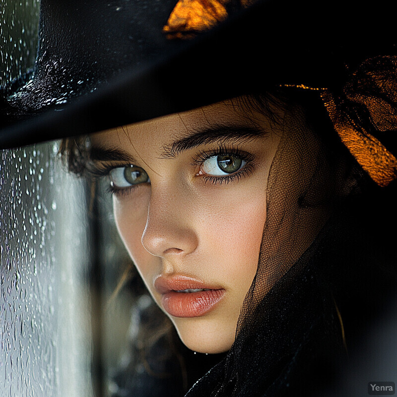 A woman in a black hat and coat stands in the rain, looking directly at the camera with a serious expression.