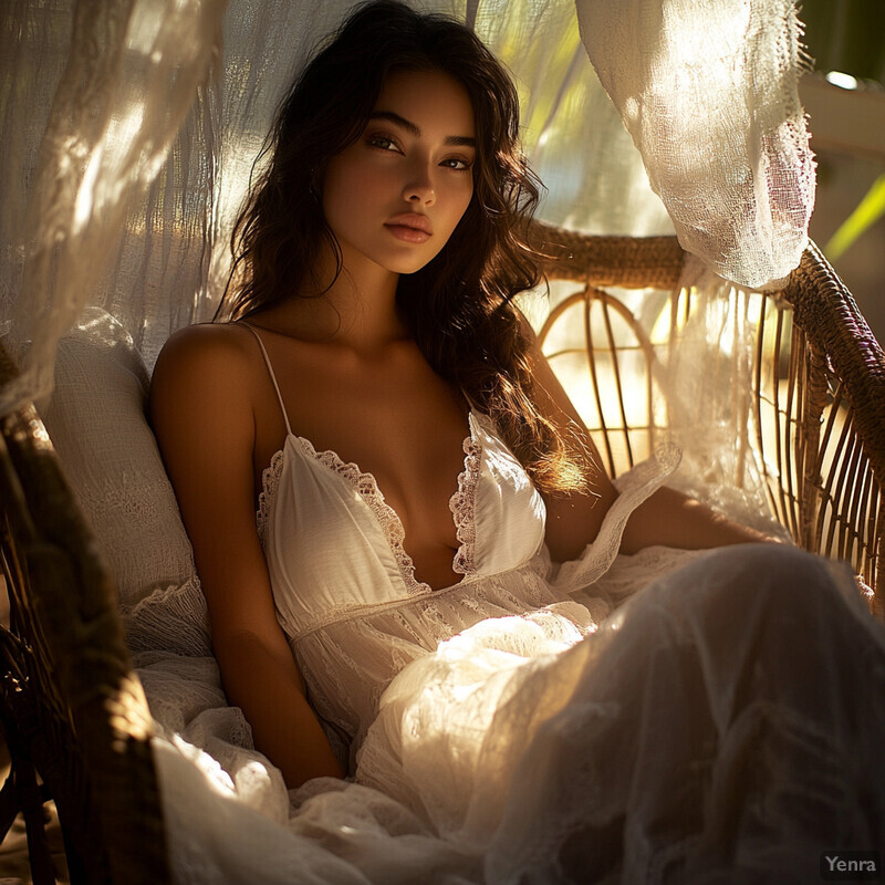 A woman reclines in a wicker swing chair, surrounded by lush greenery, wearing a flowing white dress with lace trimmings.