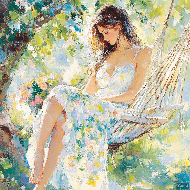 A serene painting of a woman in a white dress sitting on a swing amidst lush greenery and vibrant flowers