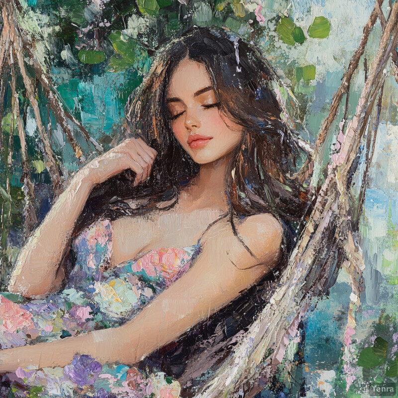 A serene woman reclines in a hammock amidst nature's splendor, surrounded by lush greenery and vibrant floral patterns.