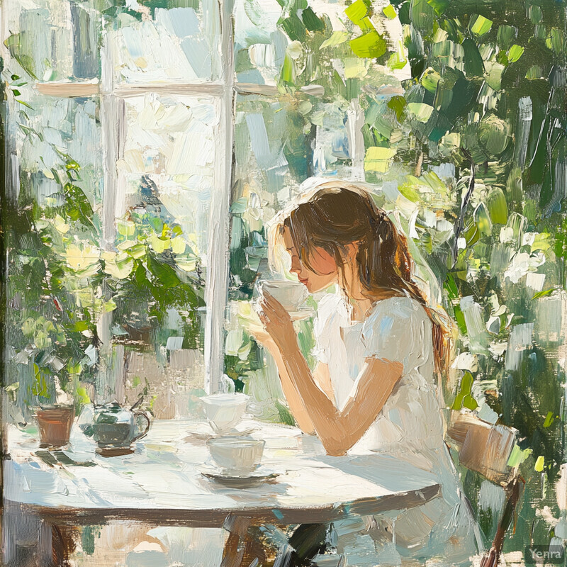 A woman sips tea at a table by a window, surrounded by lush greenery.