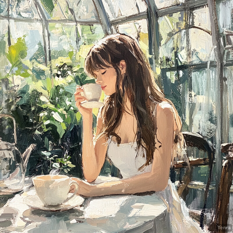 A serene scene of a woman enjoying tea in a sunroom