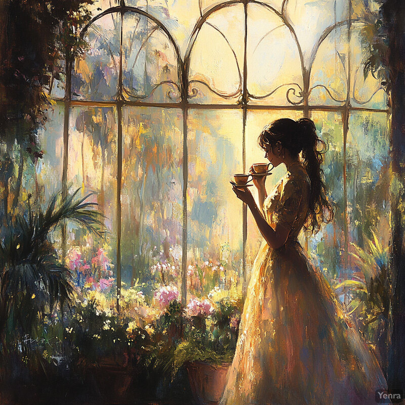 A woman stands in front of a window, sipping tea and gazing at a serene garden scene.