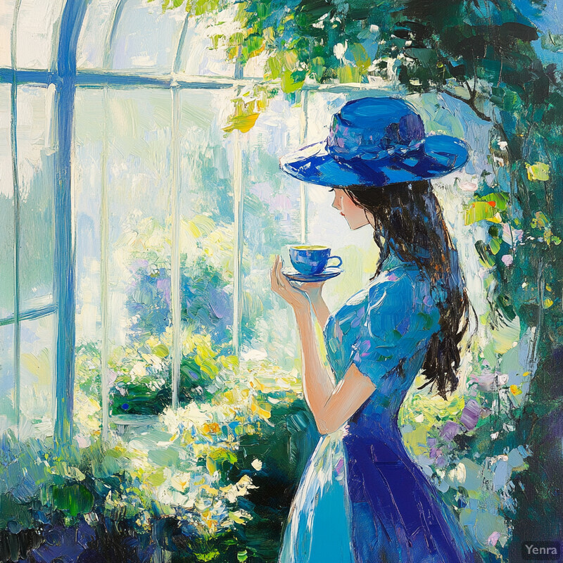 A woman in blue attire holds a cup and saucer, standing in front of a large window with a garden view.