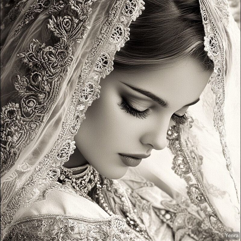 A serene Indian woman in traditional attire, gazing downward with closed eyes.