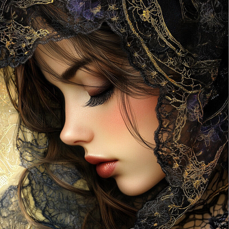 A woman with long brown hair and fair skin wears a black lace veil, exuding an air of mystery and elegance.