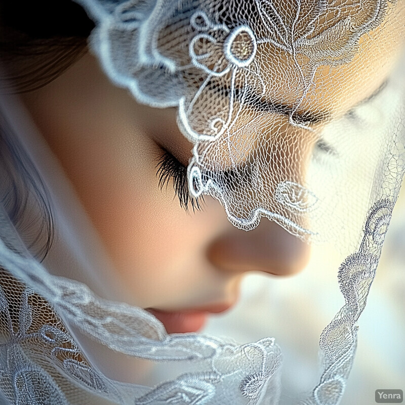 A woman's face partially covered by a white lace veil