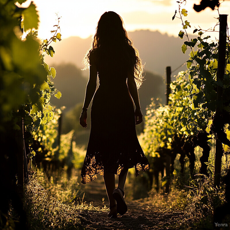 A woman walks through a vineyard at sunset or sunrise, surrounded by lush greenery and a serene atmosphere.