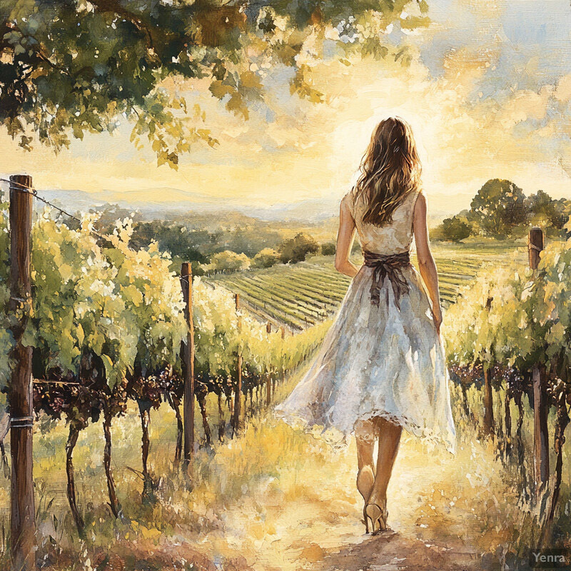 A woman walks through a vineyard during twilight