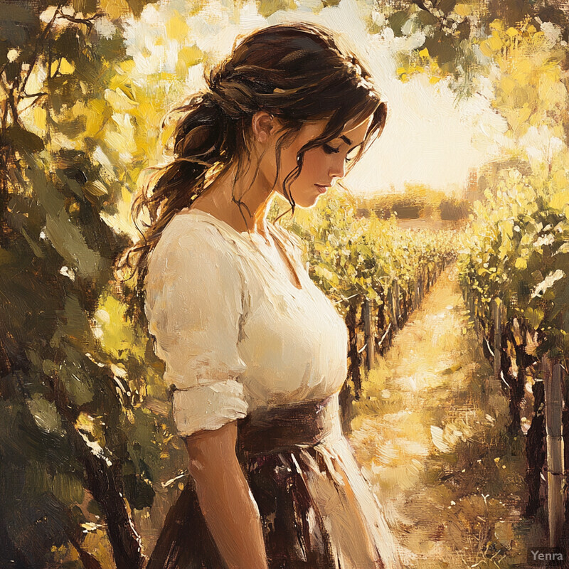 A woman stands in a vineyard, surrounded by lush grapevines and bathed in warm sunlight.