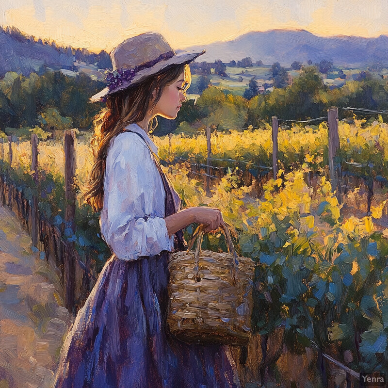 A young girl stands in a vineyard, surrounded by lush greenery and rows of grapevines, carrying a wicker basket and wearing traditional attire.