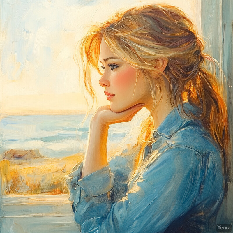 Young woman gazing out of a window at an ocean view