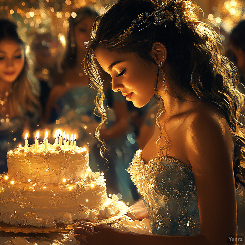 Young woman in sparkly dress standing next to a cake