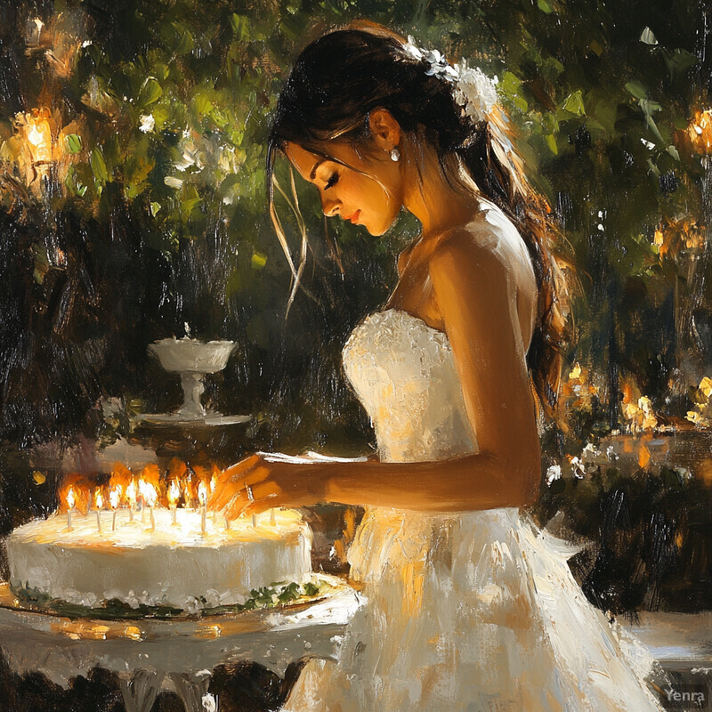 Woman in white wedding dress standing beside cake with lit candles