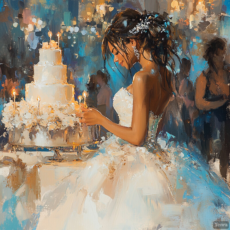 Bride holding candles next to white cake at an indoor wedding reception