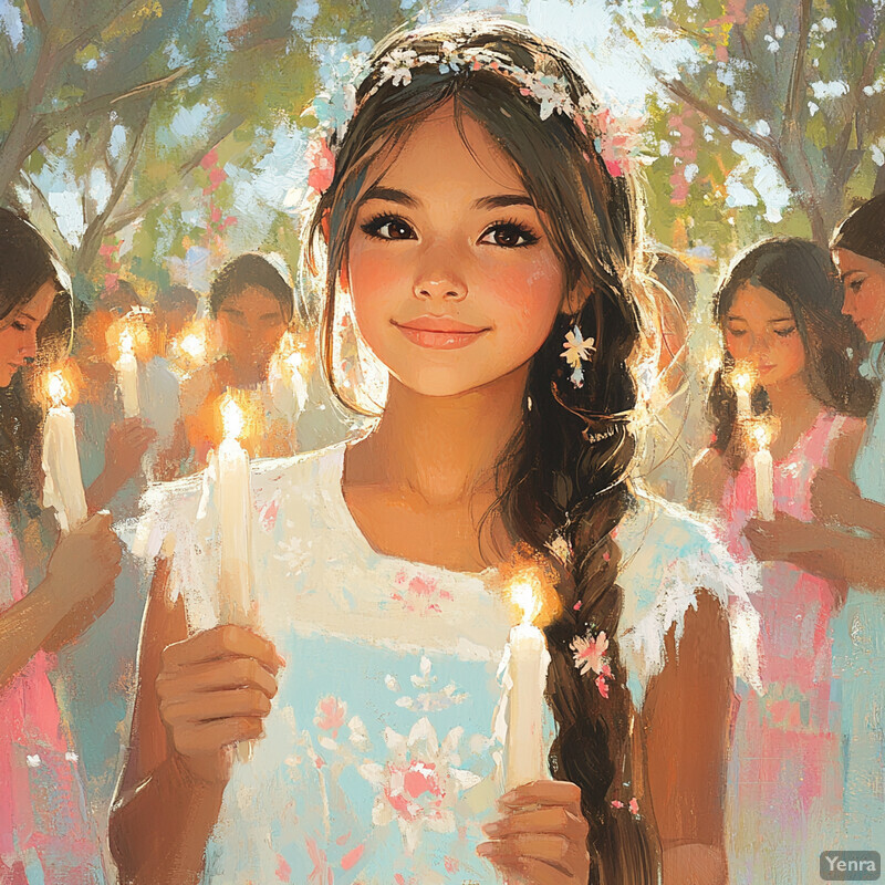 A young girl holds candles in a celebratory setting