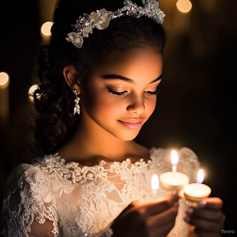 A young girl in a white lace dress holds lit candles in front of her torso, suggesting a formal event or celebration.