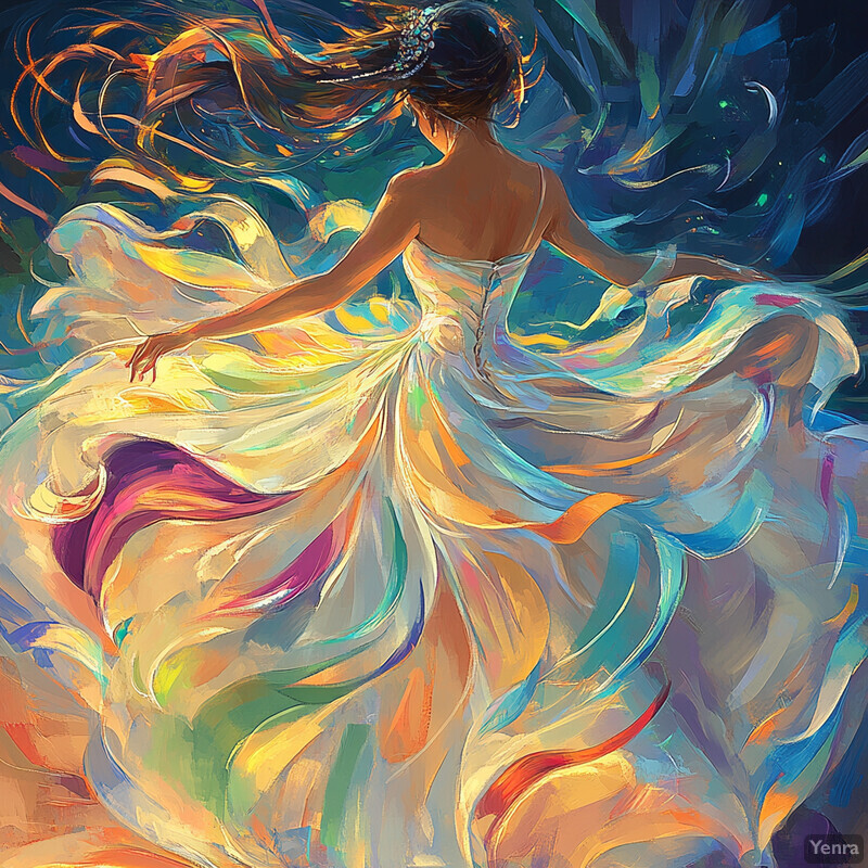 A woman in a flowing white dress surrounded by swirling clouds of color