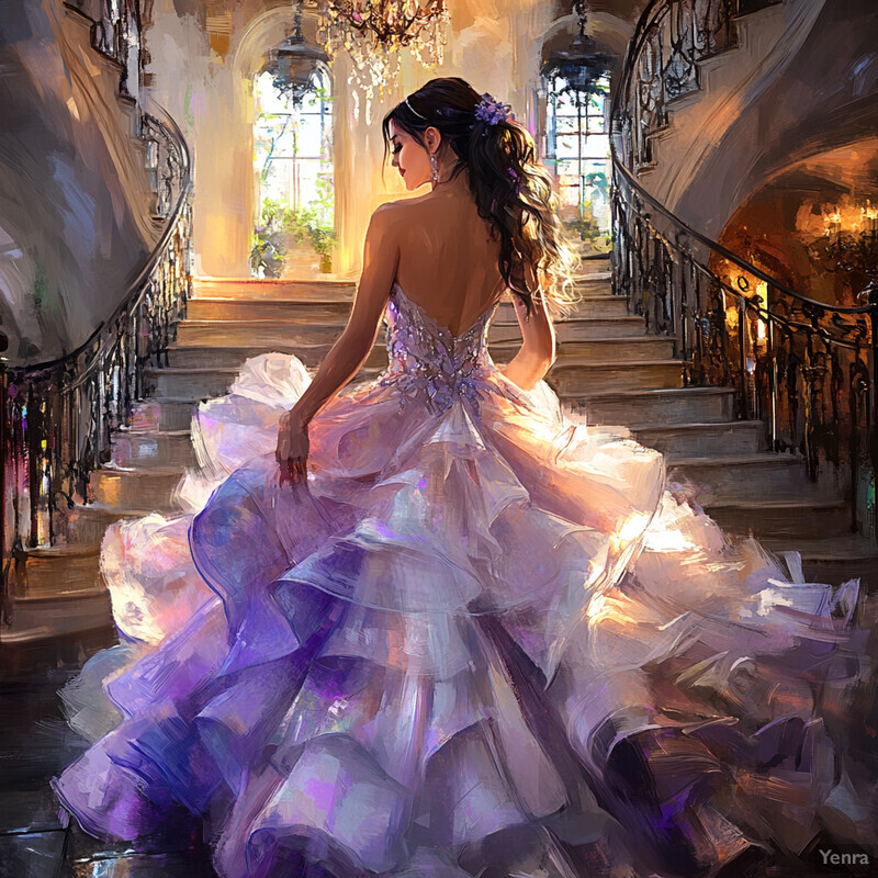 A woman in a wedding dress descends a grand staircase, exuding elegance and poise.