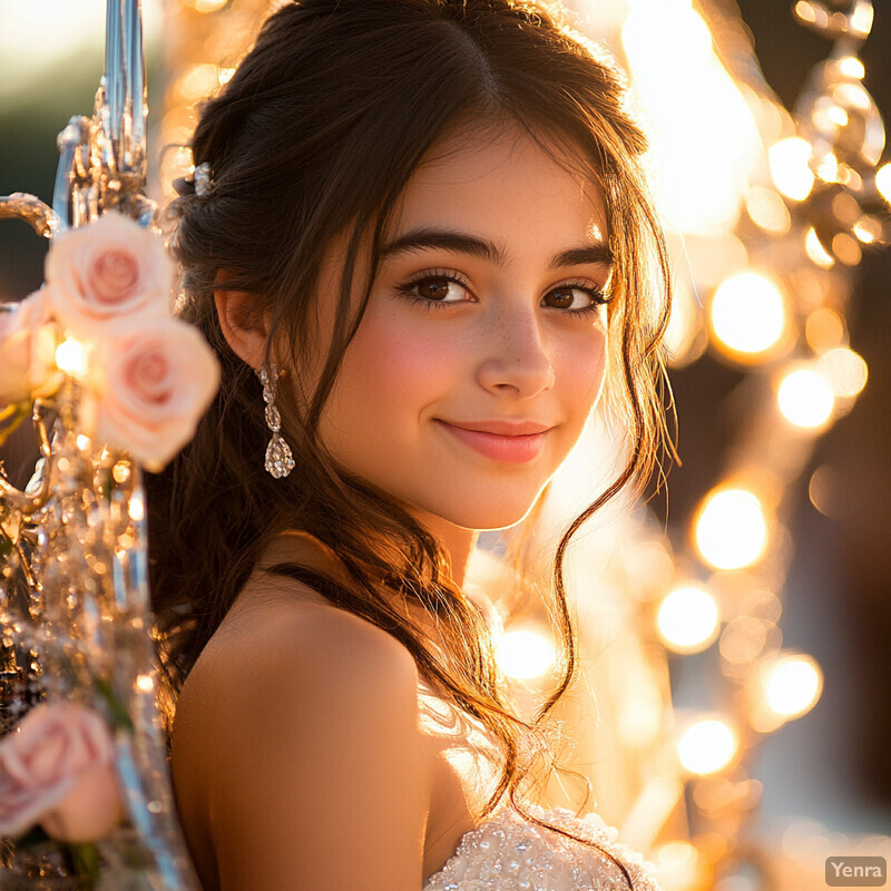 A young woman in a white dress with intricate beading stands confidently amidst a backdrop of pink roses, exuding sophistication and luxury.