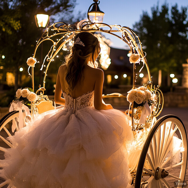 A woman in a wedding dress sits in an ornate carriage surrounded by white roses and string lights