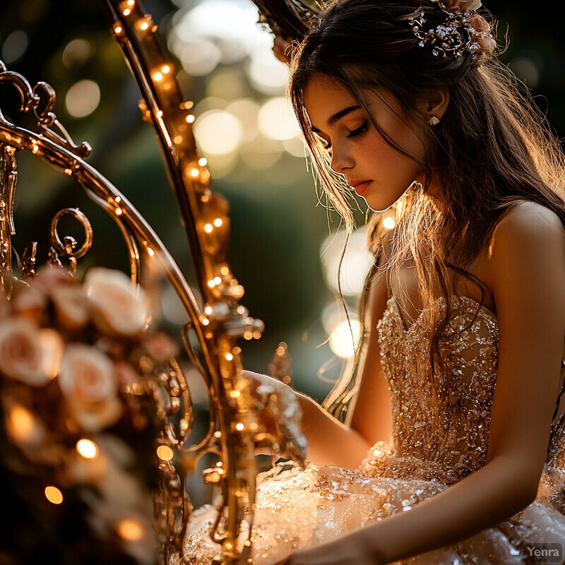 A woman in a gold dress poses for the camera, showcasing her elegance and poise.