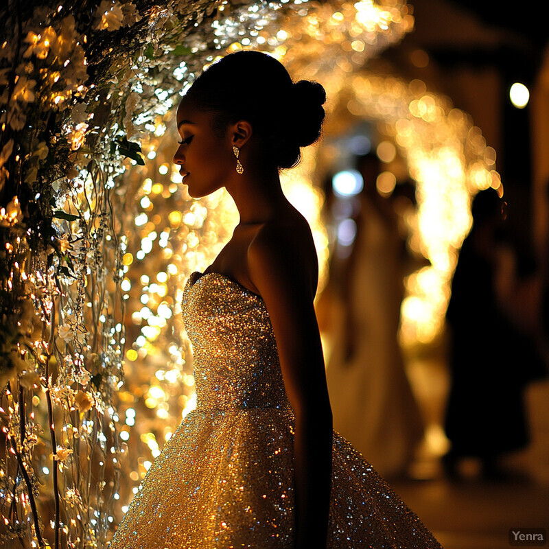 Woman in gold sequined ball gown standing in front of flower-adorned wall