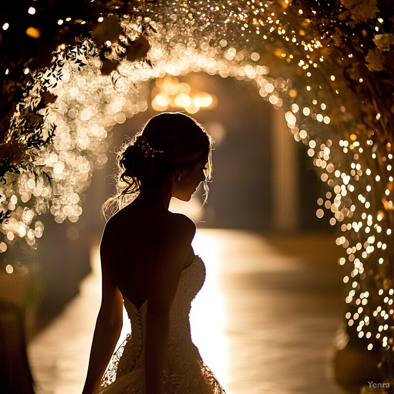 A woman in a white wedding dress standing under an arched floral display