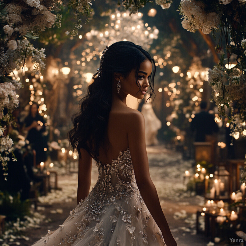 A woman in a stunning wedding dress stands amidst an outdoor setting surrounded by lush greenery and vibrant flowers.