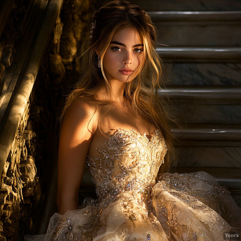 A young woman in an ornate gold gown stands on a staircase with carved wooden banisters and steps, surrounded by opulent decorations.