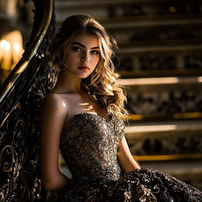 Elegant young woman in a strapless black lace or sequin dress sitting on stairs