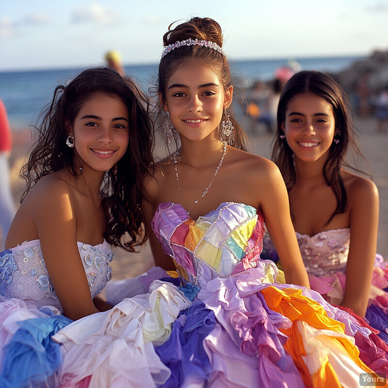 Three young women pose for a photograph on the beach, each wearing a unique dress and exuding joy and camaraderie.